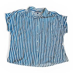 Hester & Orchard Anthropologie Women’s Sz L Blue White Stripe Short Sleeve Top